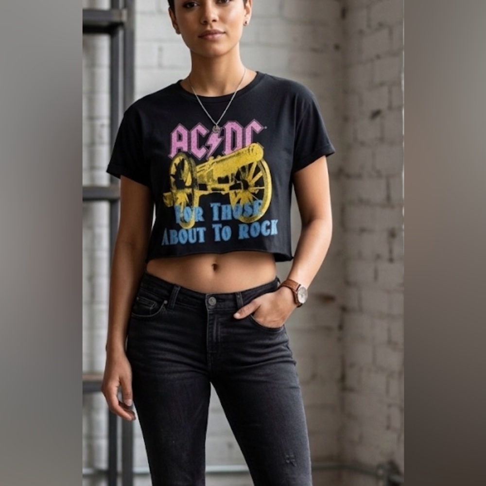 AC/DC "For Those About To Rock" Black Graphic Cropped Tee Shirt Size Medium